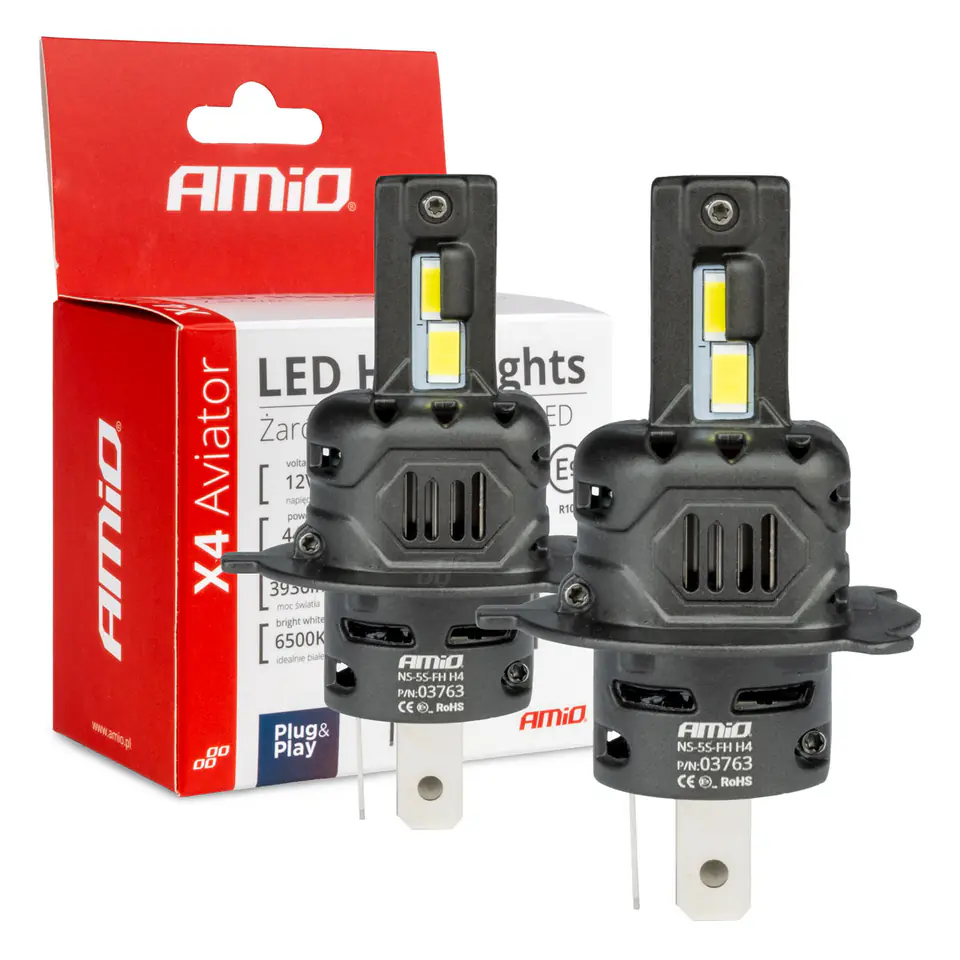 ⁨Żarówki samochodowe led seria x4 aviator h4 6500k canbus amio-03763⁩ w sklepie Wasserman.eu