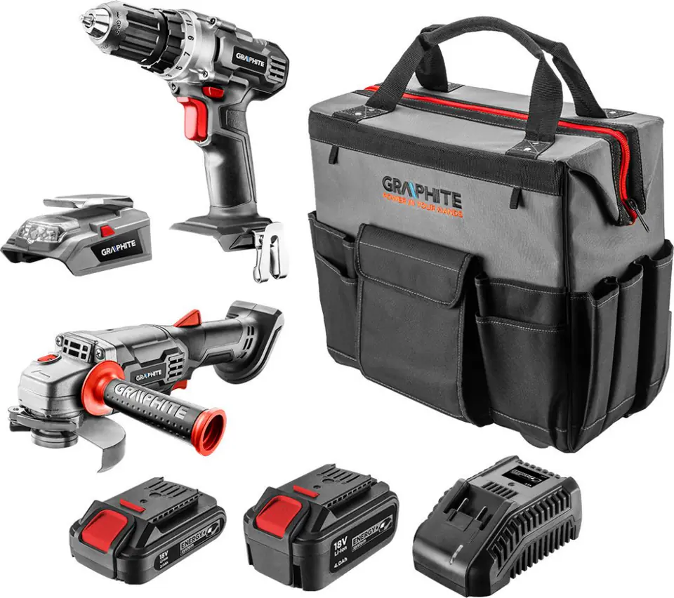 ⁨Set E+: drill(58G000), grinder(58G003), USB adapter(58G025), 2x battery(58G001/04),charger(58G002)⁩ at Wasserman.eu