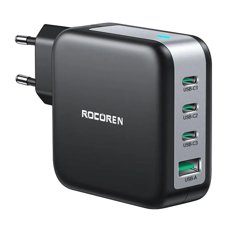 ⁨Ładowarka sieciowa Rocoren 3x USB-C, 1x USB, Power Delivery 3.0, GaN, 100W (czarna)⁩ w sklepie Wasserman.eu