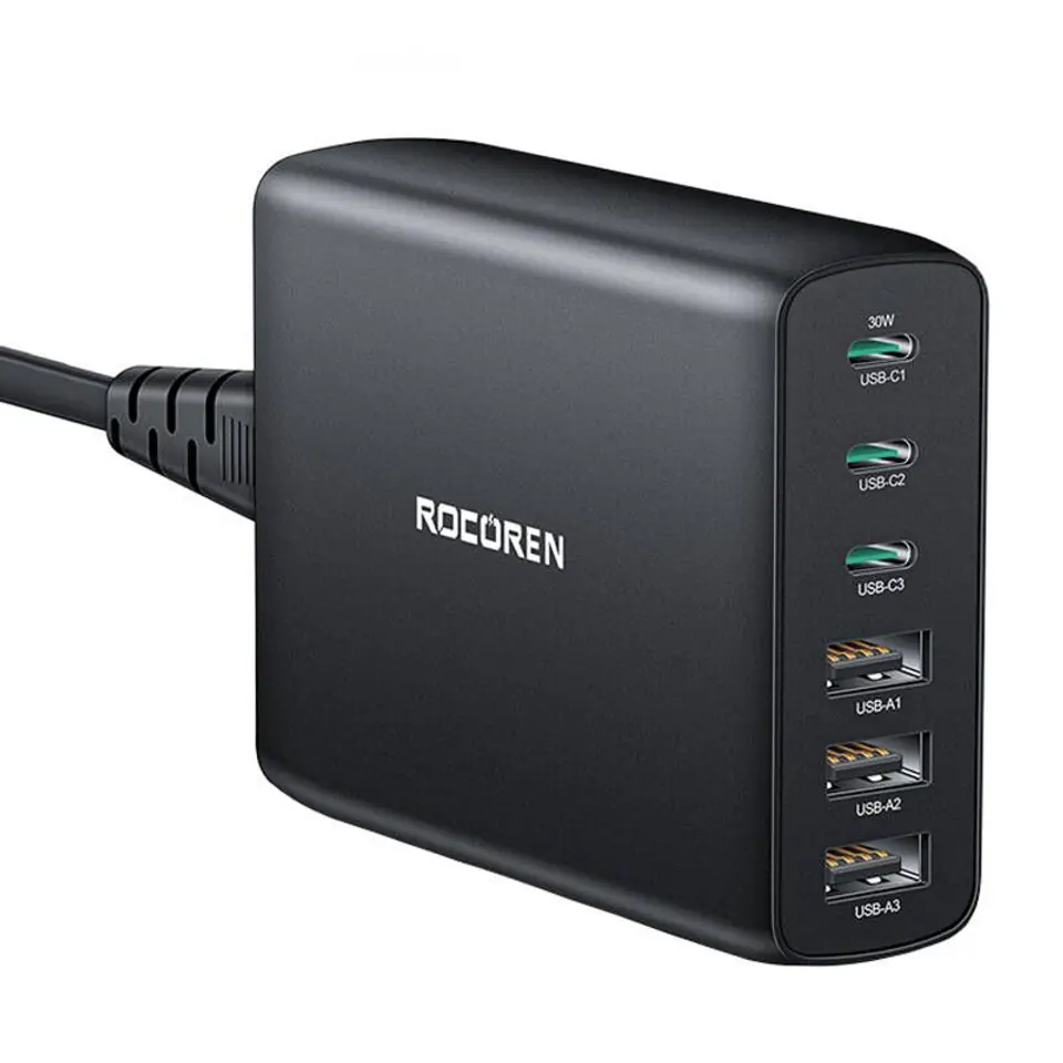 ⁨Ładowarka sieciowa Rocoren 3x USB-C, 3x USB, GaN, 100W (czarna)⁩ w sklepie Wasserman.eu