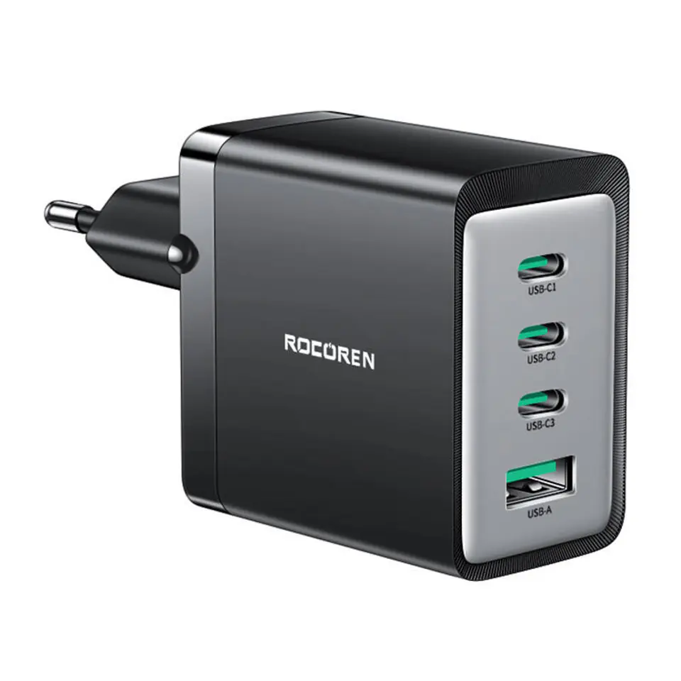 ⁨Ładowarka sieciowa Rocoren 3x USB-C, 1x USB, GaN, 67W (czarna)⁩ w sklepie Wasserman.eu