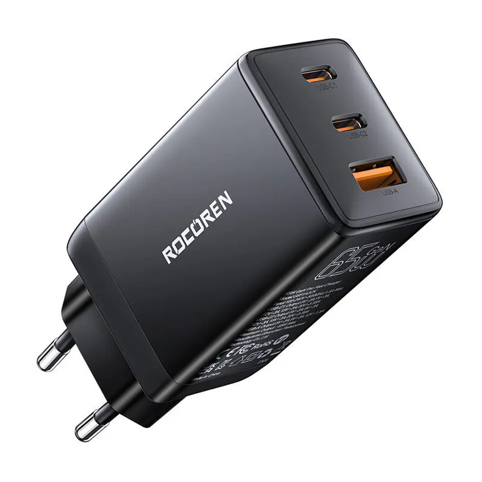 ⁨Ładowarka sieciowa Rocoren GaN Pro 65W, 2x USB-C, USB (czarna)⁩ w sklepie Wasserman.eu