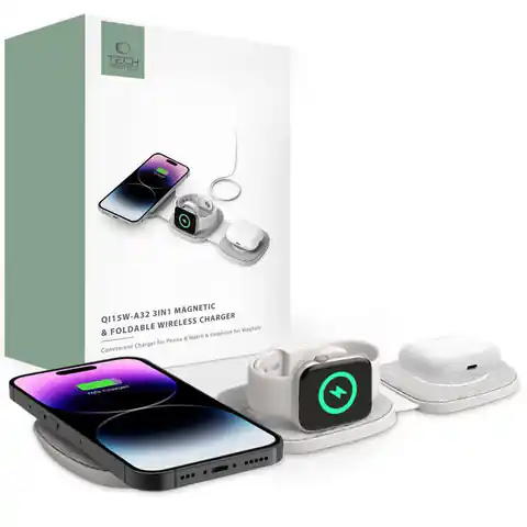 ⁨Ładowarka Indukcyjna Magnetyczna MagSafe 15W 3w1 iPhone + Apple Watch + AirPods Tech-Protect QI15W-A32 szara⁩ w sklepie Wasserman.eu