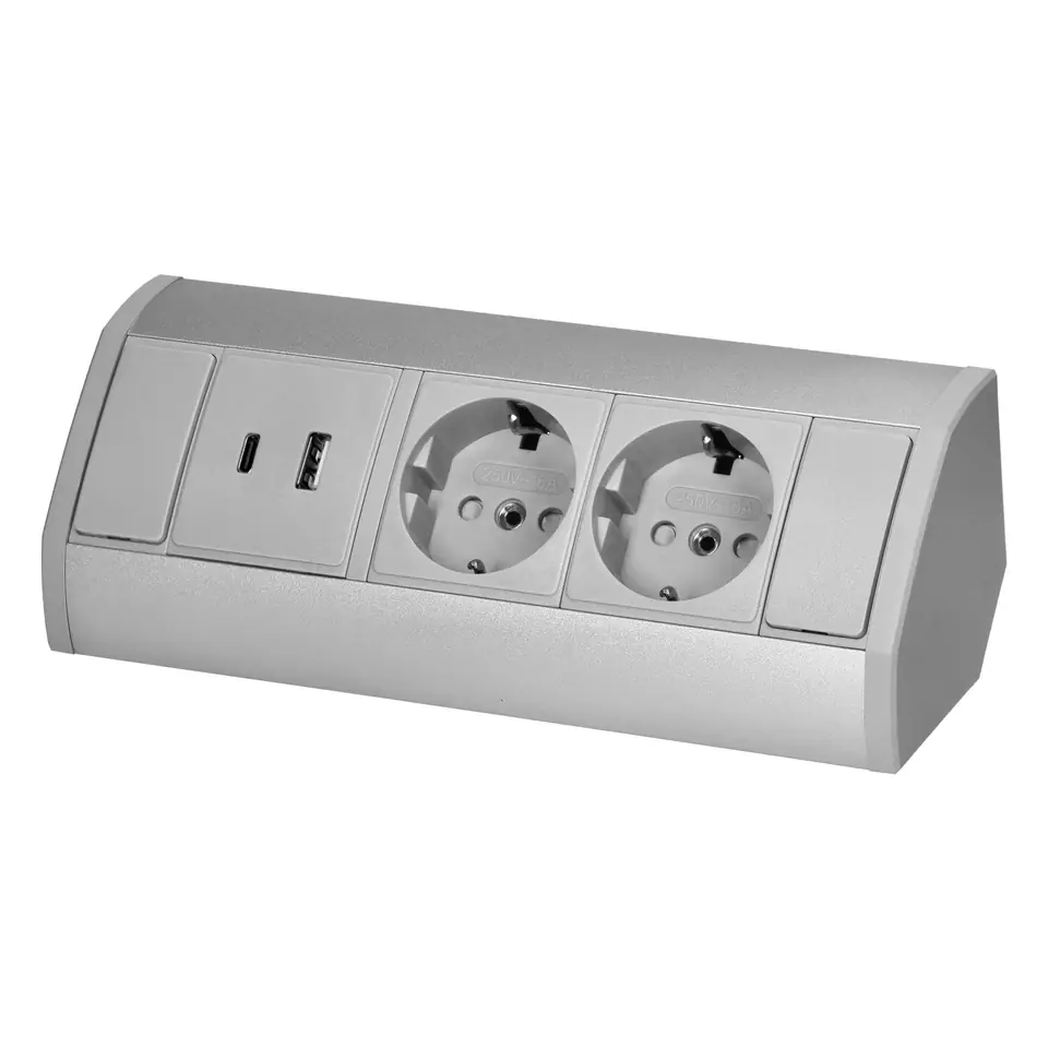 ⁨Gniazdo meblowe 2x2P+Z (Schuko), 2xUSB (typ A+C; 2,4A), szaro-srebrne⁩ w sklepie Wasserman.eu