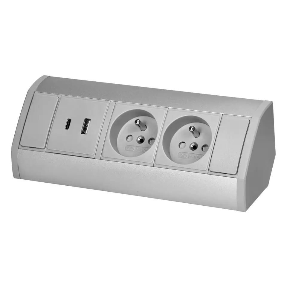 ⁨Gniazdo meblowe 2x2P+Z, 2xUSB (typ A+C; 2,4A), szaro-srebrne⁩ w sklepie Wasserman.eu