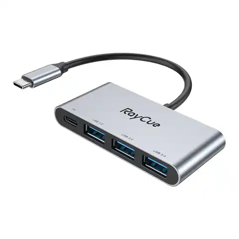 ⁨Hub 4w1 RayCue USB-C do 3x USB-A 3.0 5Gbps + PD 3.0 100W (szary)⁩ w sklepie Wasserman.eu