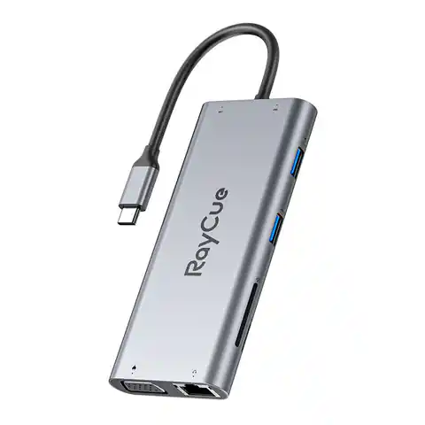 ⁨Hub 11w1 RayCue USB-C do 2x USB-A 2.0 480Mbps + 3x USB-A 3.2 5Gbps + SD/TF 3.0 + HDMI 4K30Hz + VGA 1080p + RJ45 + PD 3.0 100W (szary)⁩ w sklepie Wasserman.eu