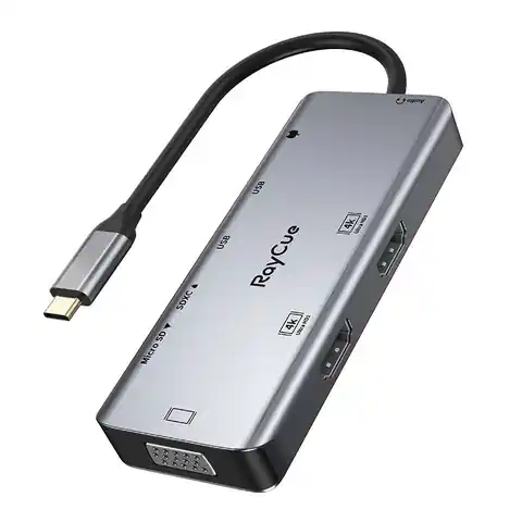 ⁨Hub 9w1 RayCue USB-C do 2x USB-A 3.0 5Gbps + 2x SD/TF 3.0 + 2x HDMI 4K30Hz + VGA 1080p + jack 3,5mm + PD 3.0 100W (szary)⁩ w sklepie Wasserman.eu