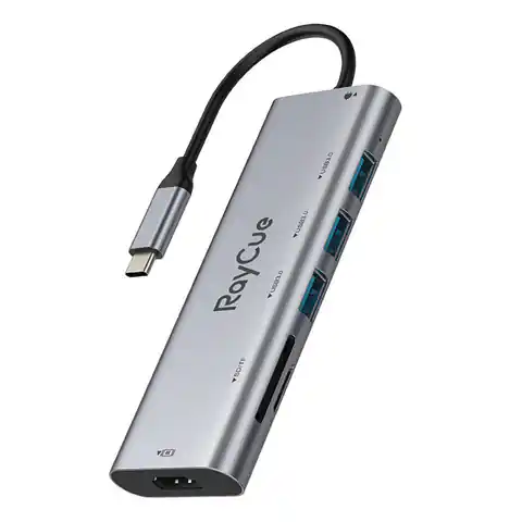 ⁨Hub 7w1 RayCue USB-C do 3x USB-A 3.0 5Gbps + SD/TF 3.0 + HDMI 4K30Hz + PD 3.0 100W (szary)⁩ w sklepie Wasserman.eu