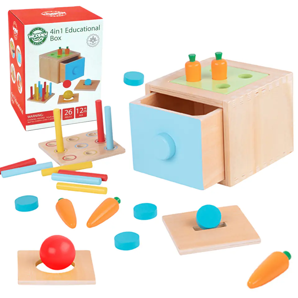 ⁨WOOPIE GREEN Drewniana Szuflada Edukacyjna 4w1 Sorter Montessori Gra w Marchewki FSC⁩ w sklepie Wasserman.eu
