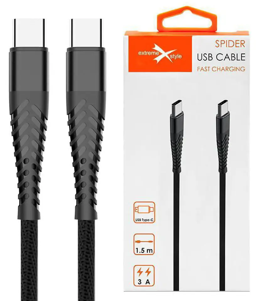 ⁨Kabel USB Typ-C - USB Typ-C Spider oplot (1.5 m, czarny)⁩ w sklepie Wasserman.eu