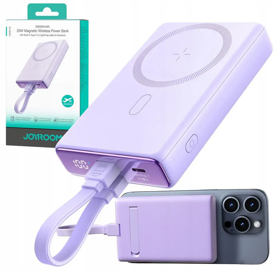 ⁨Powerbank Joyroom JR-PBM01 10000mAh 20W 1x USB-C 2x Lightning fioletowy + kabel⁩ w sklepie Wasserman.eu