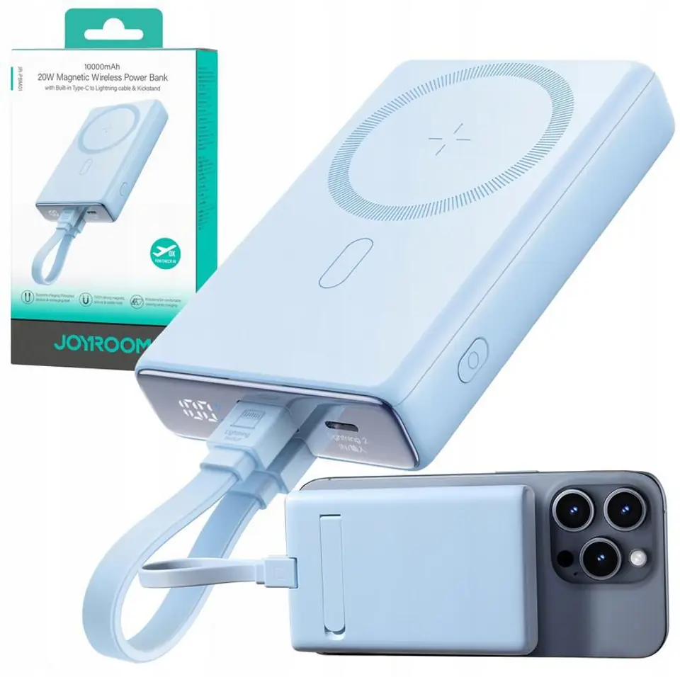 ⁨Powerbank Joyroom JR-PBM01 10000mAh 20W 1x USB-C 2x Lightning blue + cable⁩ at Wasserman.eu