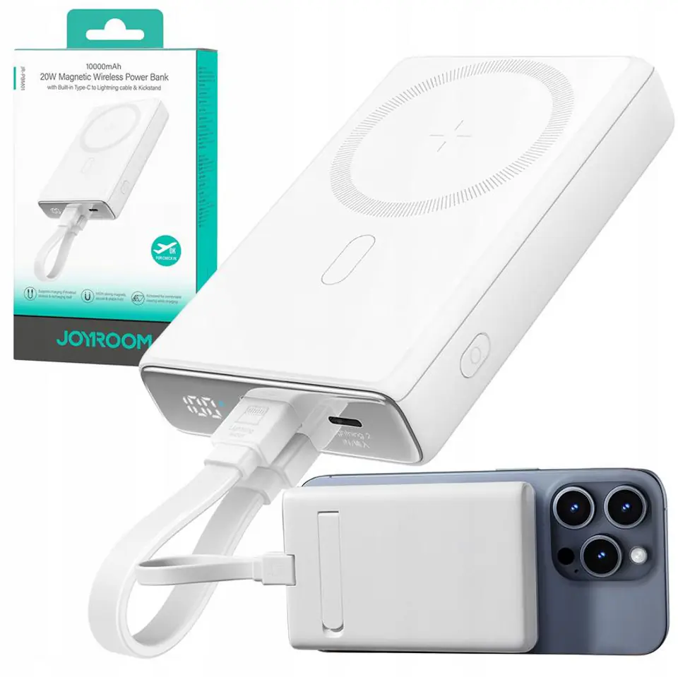⁨Powerbank Joyroom JR-PBM01 10000mAh 20W 1x USB-C 2x Lightning white + cable⁩ at Wasserman.eu