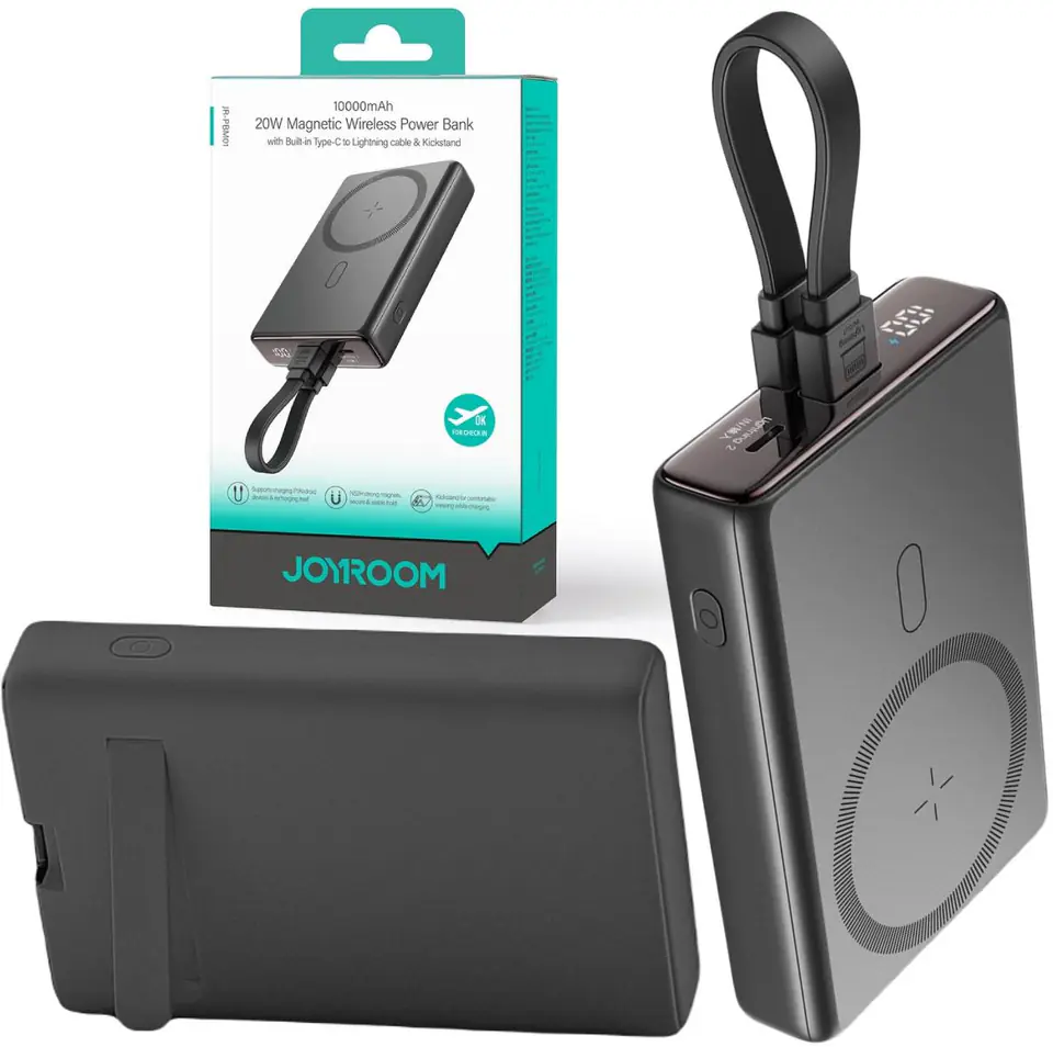 ⁨Powerbank Joyroom JR-PBM01 10000mAh 20W 1x USB-C 2x Lightning czarny + kabel⁩ w sklepie Wasserman.eu