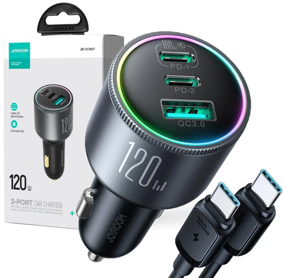 ⁨Joyroom JR-CCN07 Car Charger 120W 5.0A PD 3.0 QC 3.0 1x USB-A 2x USB-C + Cable⁩ at Wasserman.eu