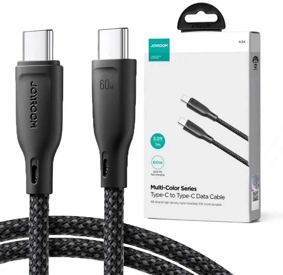 ⁨Kabel USB-C / USB-C Joyroom SA34-CC3 100cm 60W 5A PD w oplocie czarny⁩ w sklepie Wasserman.eu