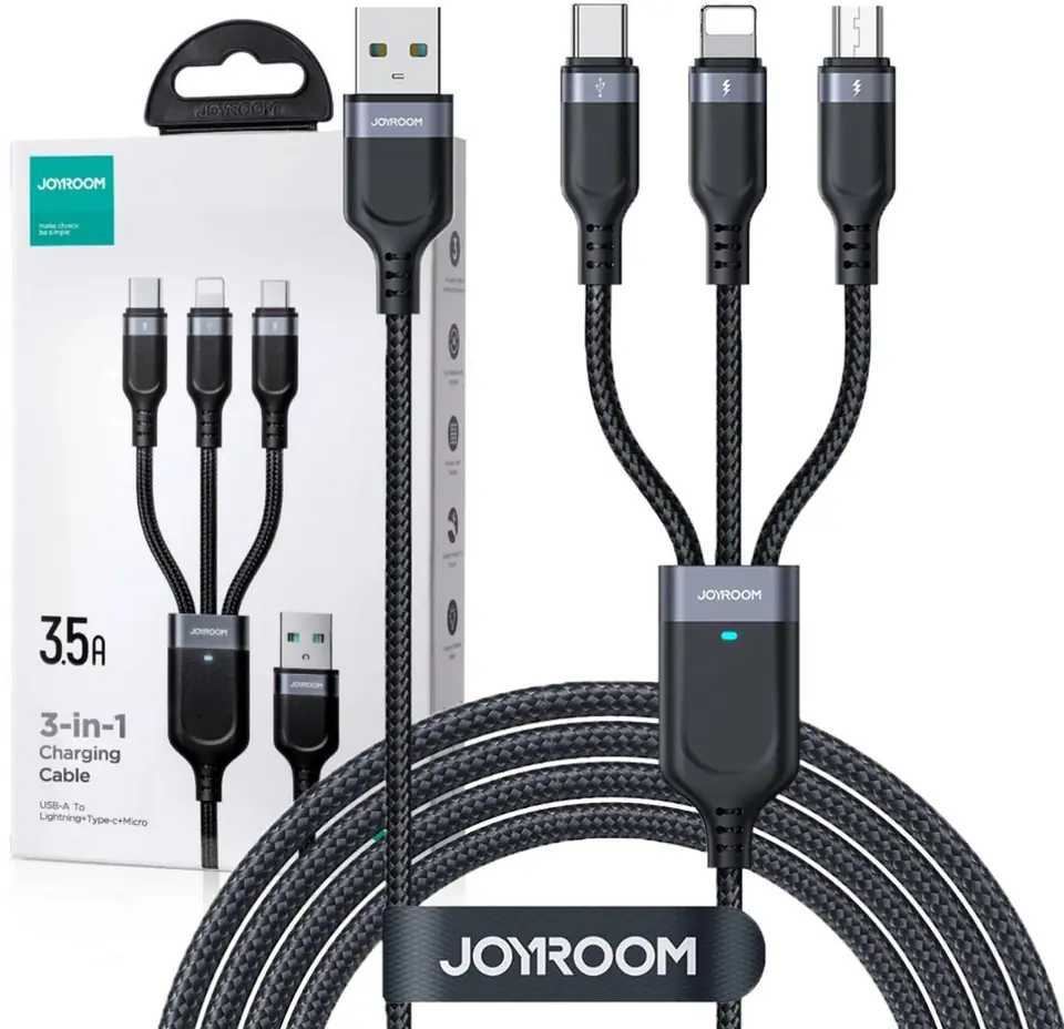 ⁨Kabel 3w1 USB-A / USB-C micro-USB Lightning Joyroom S-1T3018A18 120cm 2.4A w oplocie czarny⁩ w sklepie Wasserman.eu