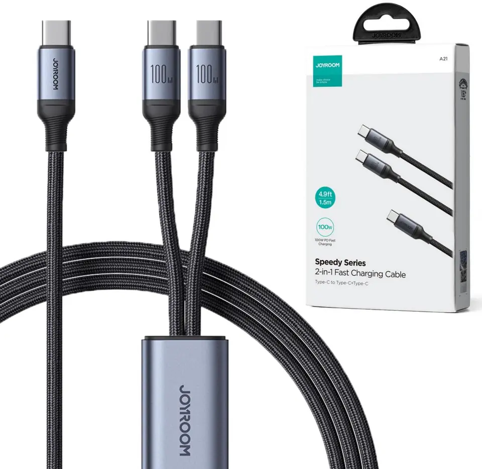 ⁨Kabel 2w1 USB-C / 2x USB-C Joyroom Speedy SA21-1T2 150cm 100W w oplocie czarny⁩ w sklepie Wasserman.eu