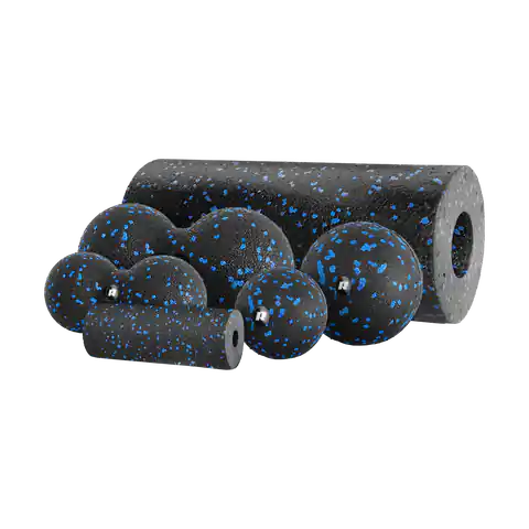 ⁨Zestaw wałek do masażu, mini roller, 2 piłki, 2 duoball-e , 6 elementów, kolor czarno-niebieski, materiał EPP, REBEL ACTIVE⁩ w sklepie Wasserman.eu