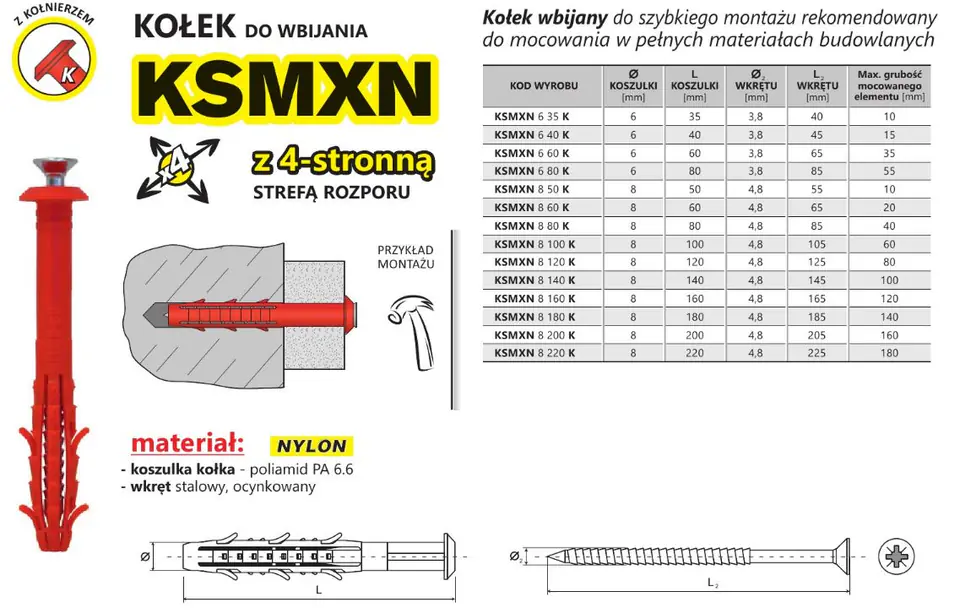 ⁨KOŁEK SZYBKI MONTAŻ Z KOŁNIERZEM KSMXN 6*60MM⁩ w sklepie Wasserman.eu