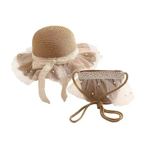 ⁨ZESTAW torebka i kapelusz 52cm dla dziewczynki słomiane tiul PEREŁKI CZ41⁩ w sklepie Wasserman.eu