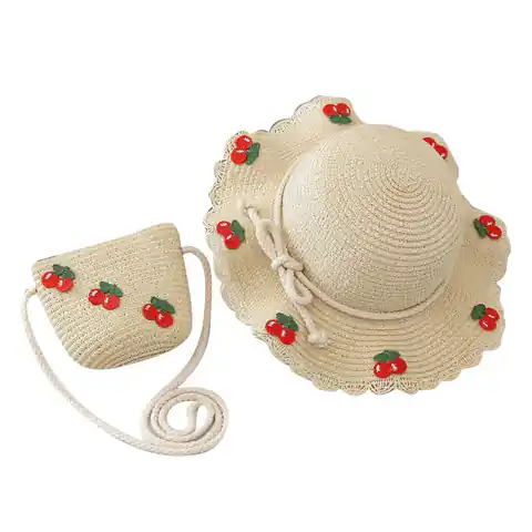 ⁨ZESTAW torebka i kapelusz 52cm dla dziewczynki słomiane WISIENKI CZ44⁩ w sklepie Wasserman.eu