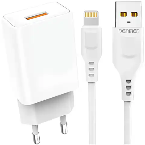 ⁨Ładowarka sieciowa USB + kabel USB - Lightning do iPhone 1m szybka 2.4A 12W Denmen Biała⁩ w sklepie Wasserman.eu