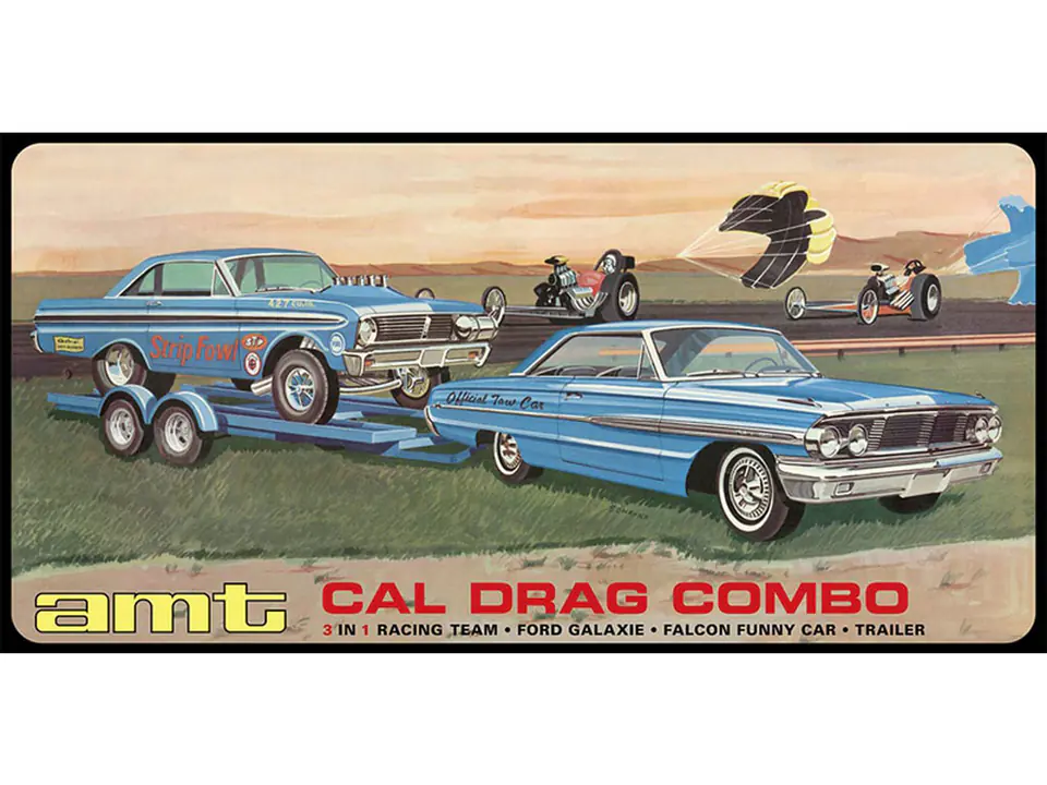 ⁨Model Plastikowy - Zestaw 3w1 Samochód + Samochód + Naczepa 1:25 Cal Drag Combo 1964 Galaxie, AWB Falcon & Trailer⁩ w sklepie Wasserman.eu