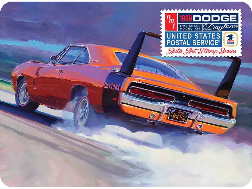 ⁨Model Plastikowy - Samochód 1:25 1969 Dodge Charger Daytona (USPS Stamp Series Collector Tin)⁩ w sklepie Wasserman.eu