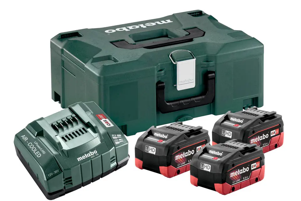 ⁨METABO BATTERY PACK 3 x 5.5Ah LIHD + ASC CHARGER 30-36 V + METALOC CASE⁩ at Wasserman.eu