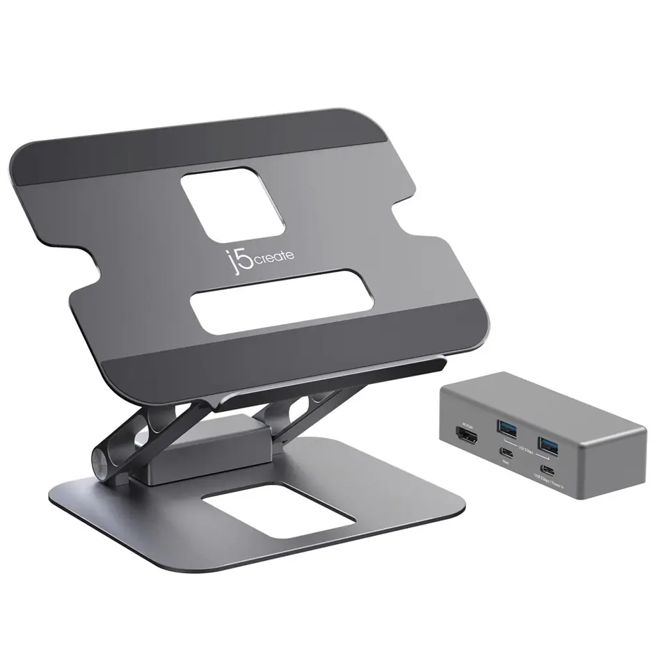 ⁨Podstawka ergonomiczna do notebooka ze stacją dokującą j5create Multi-Angle 4K Docking Stand USB-C 1x4K HDMI/2xUSB 3.1/1xUSB-C/; kolor srebrny JTS327-N⁩ w sklepie Wasserman.eu