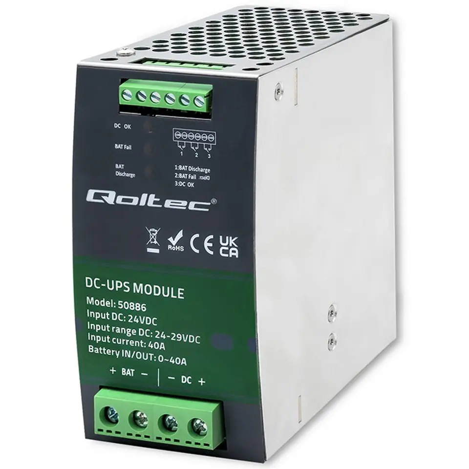 ⁨Qoltec 50886 Module UPS DC for DIN rail | 40A | 24V⁩ at Wasserman.eu