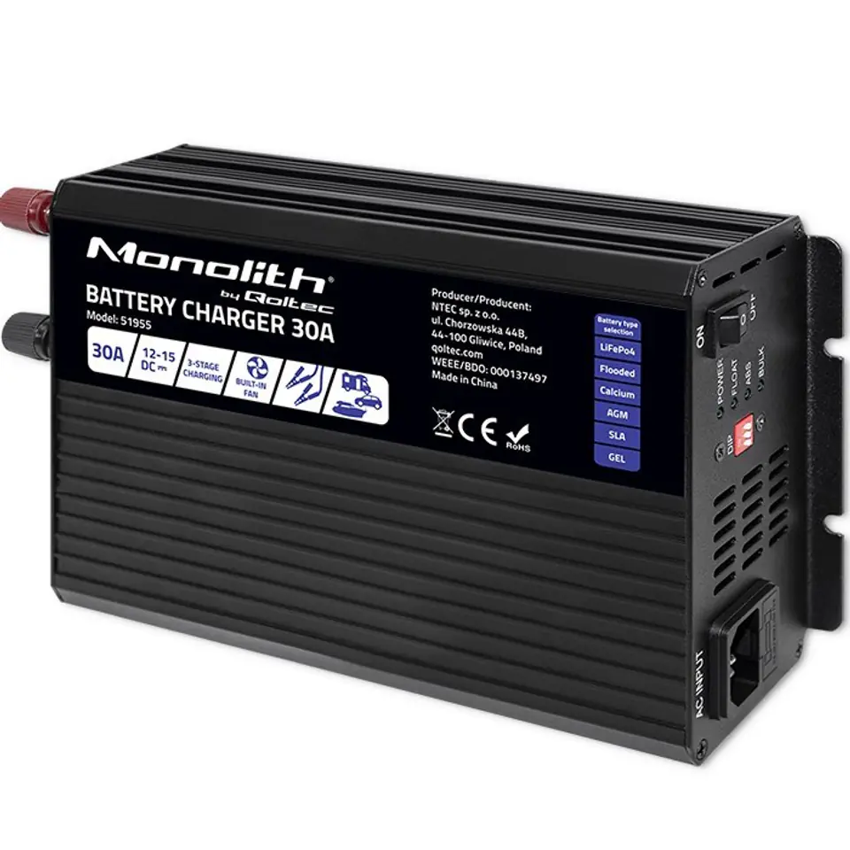 ⁨Qoltec 51955 Smart Monolith charger for LiFePO4 AGM GEL SLA batteries | 30A | 12V⁩ at Wasserman.eu