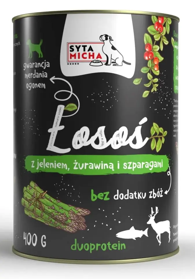 ⁨SYTA MICHA Salmon with deer, cranberries and asparagus - wet dog food - 400g⁩ at Wasserman.eu