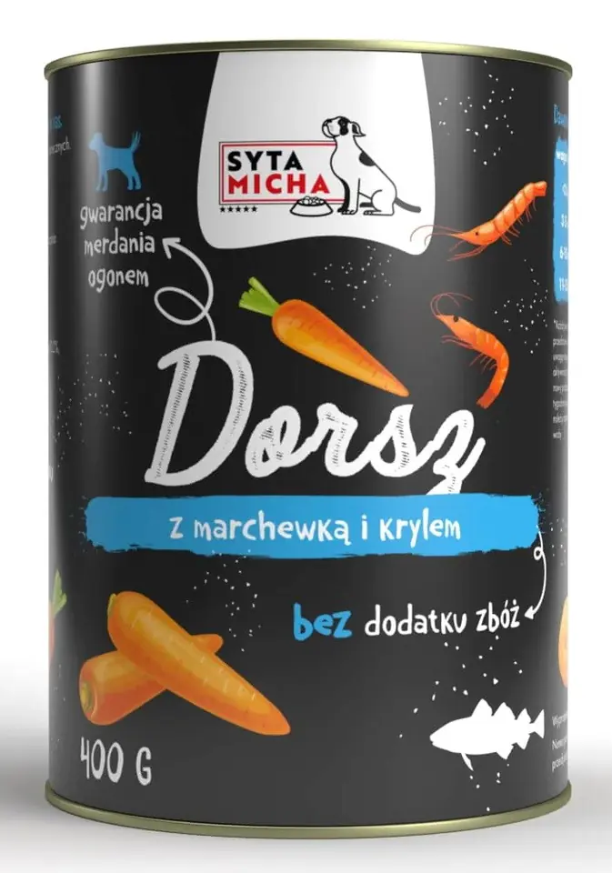 ⁨SYTA MICHA mokra karma dorsz z marchewką i krylem 400g pies⁩ w sklepie Wasserman.eu