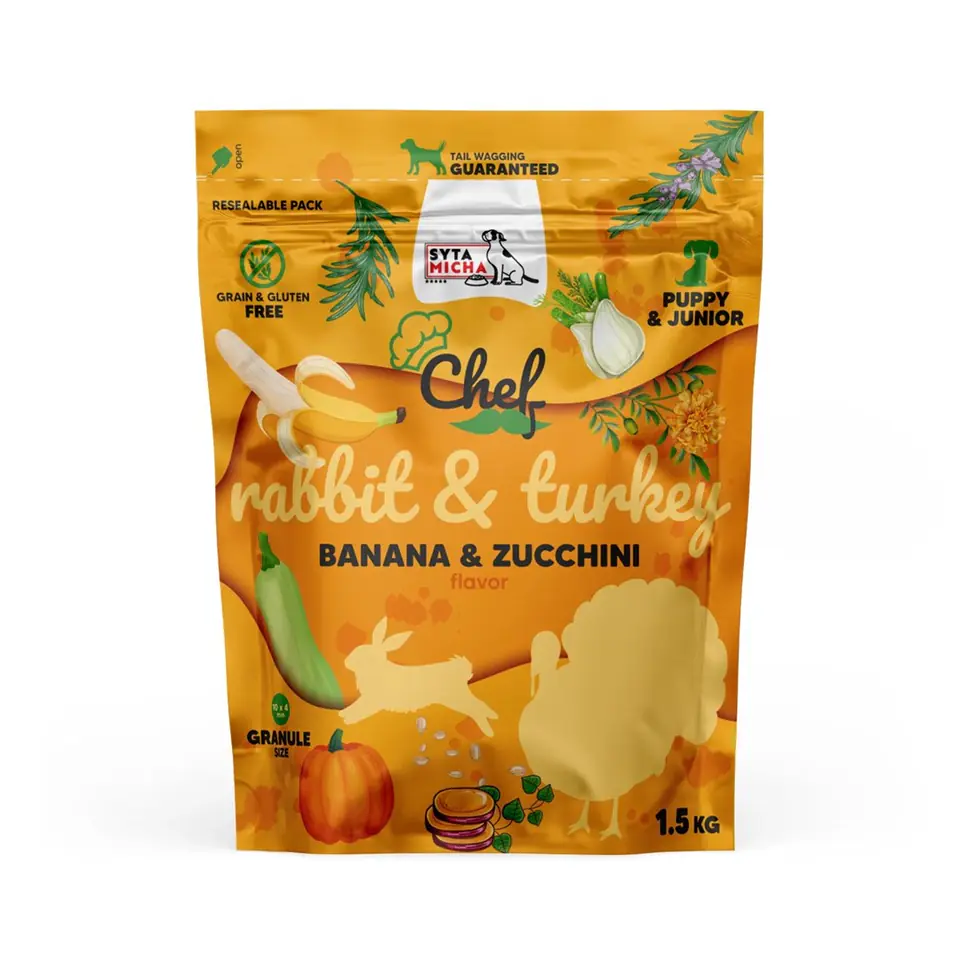 ⁨SYTA MICHA CHEF Królik z indykiem - JUNIOR karma sucha dla psa1,5kg⁩ w sklepie Wasserman.eu