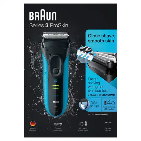 ⁨Braun Series 3-3045s w&d, Foil shaver, Black, Blue, LED, Battery, Nickel-Metal Hydride (NiMH), 45 min⁩ at Wasserman.eu