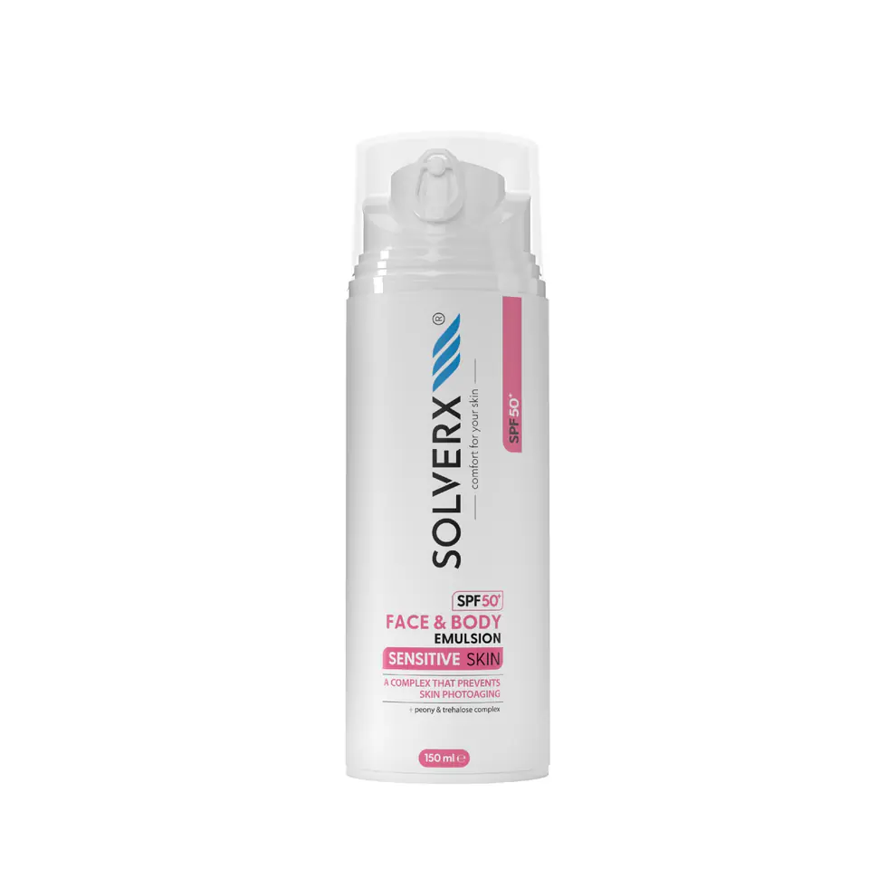 ⁨SOLVERX Sensitive Skin Emulsja ochronna do opalania do twarzy i ciała SPF50+  150 ml⁩ w sklepie Wasserman.eu