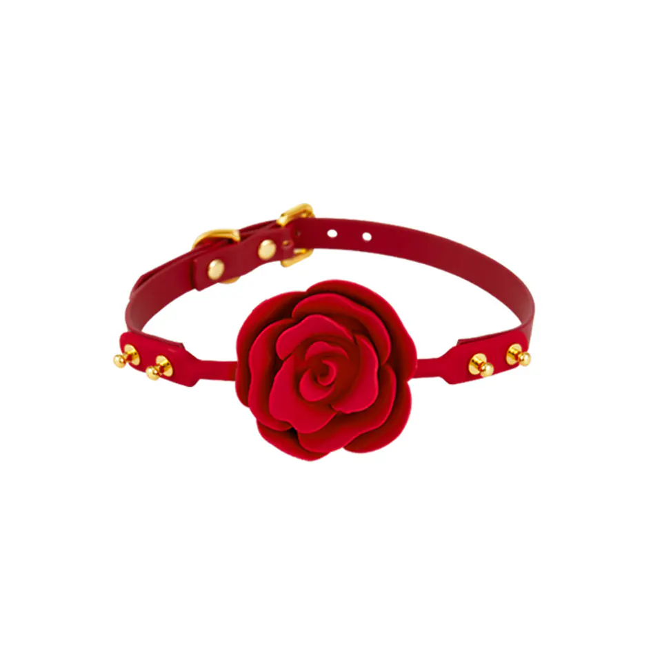 ⁨Silikonowy knebel w kształcie róży z czerwonymi paskami Zalo & Upko Rose Ball Gag Red Straps⁩ w sklepie Wasserman.eu