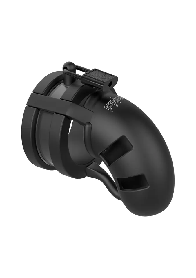 ⁨Silikonowy pas cnoty z paskiem rozdzielającym jądra ManCage Chastity Model 18 Silicone Cage Ballsplitter Black⁩ w sklepie Wasserman.eu