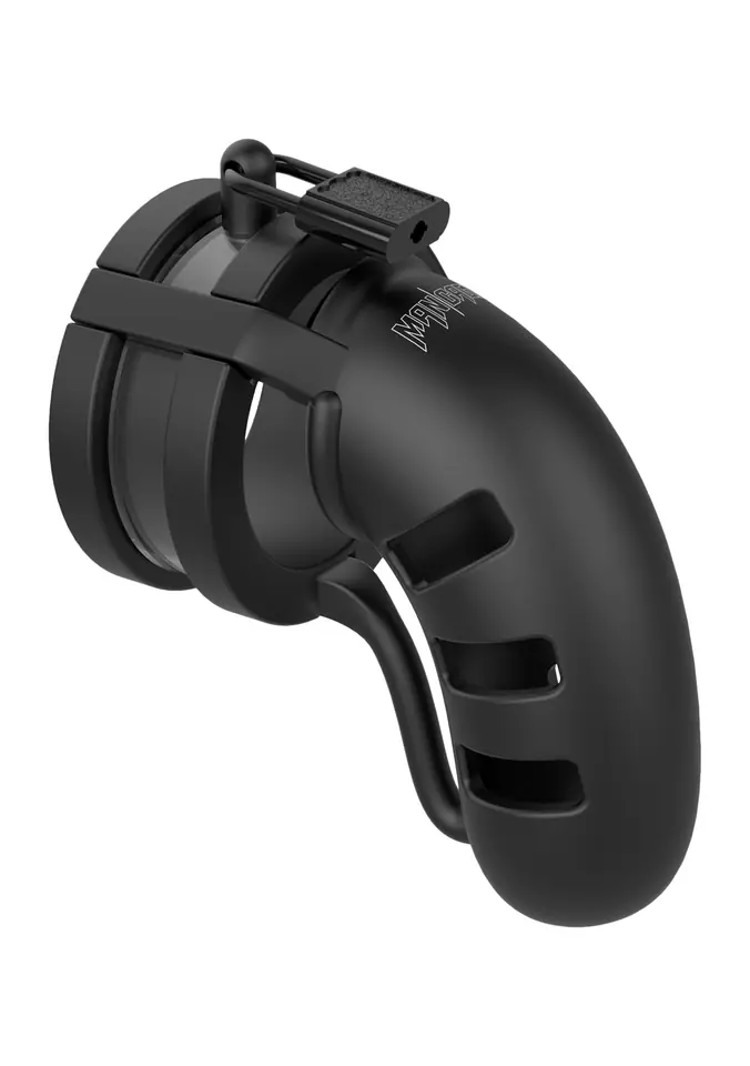 ⁨Silikonowy pas cnoty z paskiem rozdzielającym jądra ManCage Chastity Model 19 Silicone Cage Ballsplitter Black⁩ w sklepie Wasserman.eu