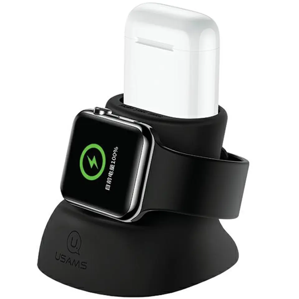 ⁨USAMS Silikonowy stojak 2w1 do ładowania Apple Watch i AirPods czarny/black ZJ51ZJ01 (US-ZJ051)⁩ w sklepie Wasserman.eu