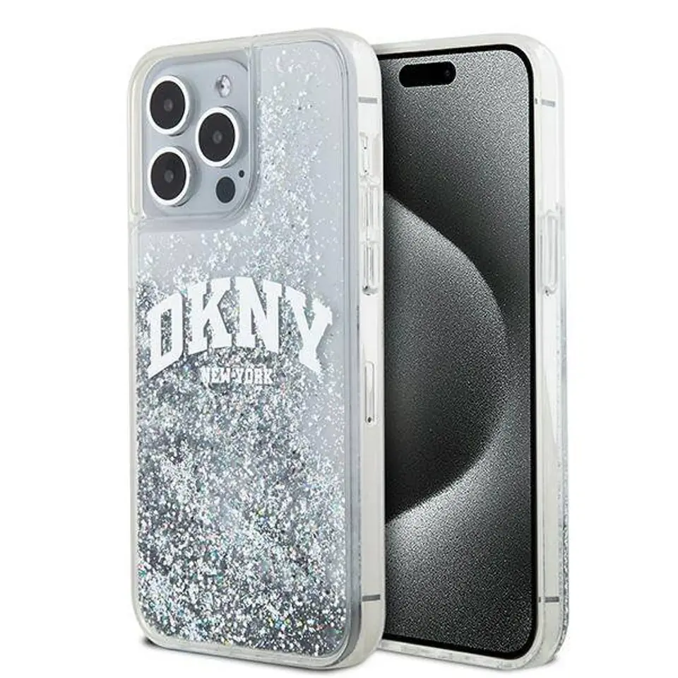 ⁨Oryginalne Etui APPLE IPHONE 15 PRO DKNY Hardcase Liquid Glitter Big Logo (DKHCP15LLBNAET) białe⁩ w sklepie Wasserman.eu