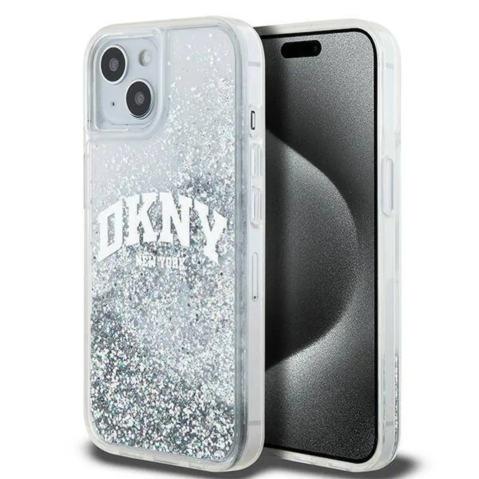 ⁨Oryginalne Etui IPHONE 13 / 14 / 15 DKNY Hardcase Liquid Glitter Big Logo (DKHCP15SLBNAET) białe⁩ w sklepie Wasserman.eu