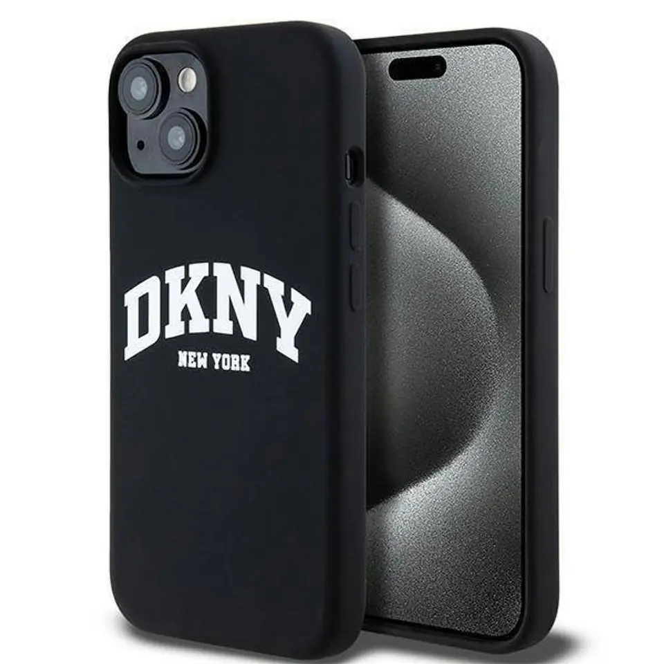 ⁨Oryginalne Etui IPHONE 14 PLUS / 15 PLUS DKNY Hardcase Liquid Silicone White Printed Logo MagSafe (DKHMP15MSNYACH) czarne⁩ w sklepie Wasserman.eu