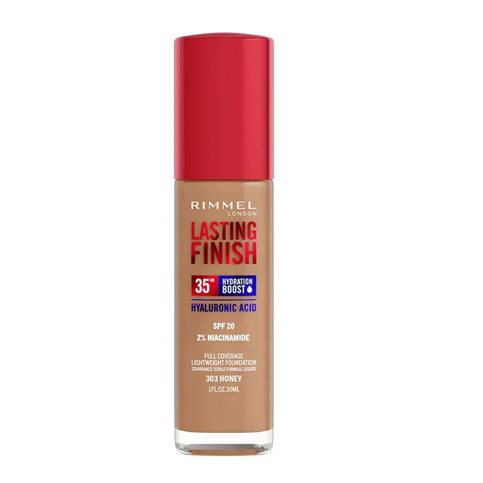 ⁨Rimmel Lasting Finish 35H silnie nawilżający i długotrwale kryjący podkład do twarzy z filtrem SPF20 303 Honey 30ml⁩ w sklepie Wasserman.eu