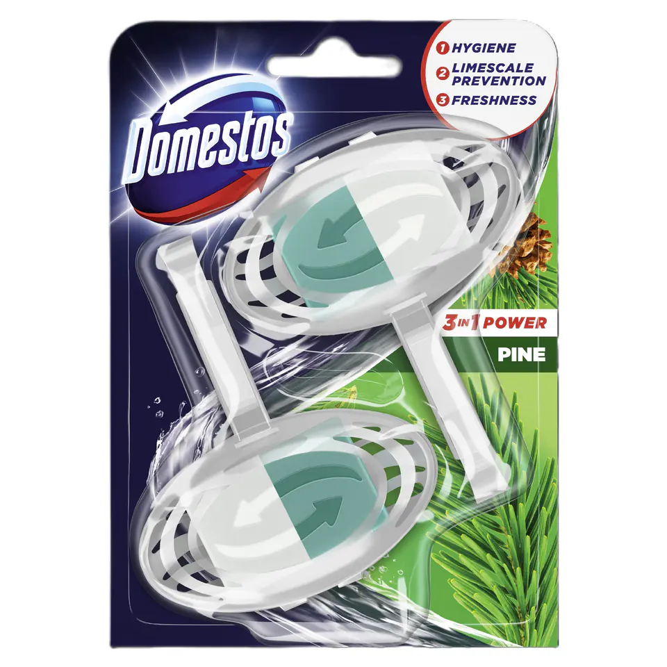 ⁨DOMESTOS Power Pine Duo Kostka zapachowa do WC z koszykiem 3w1 1 op. - 2 x 35 g⁩ w sklepie Wasserman.eu