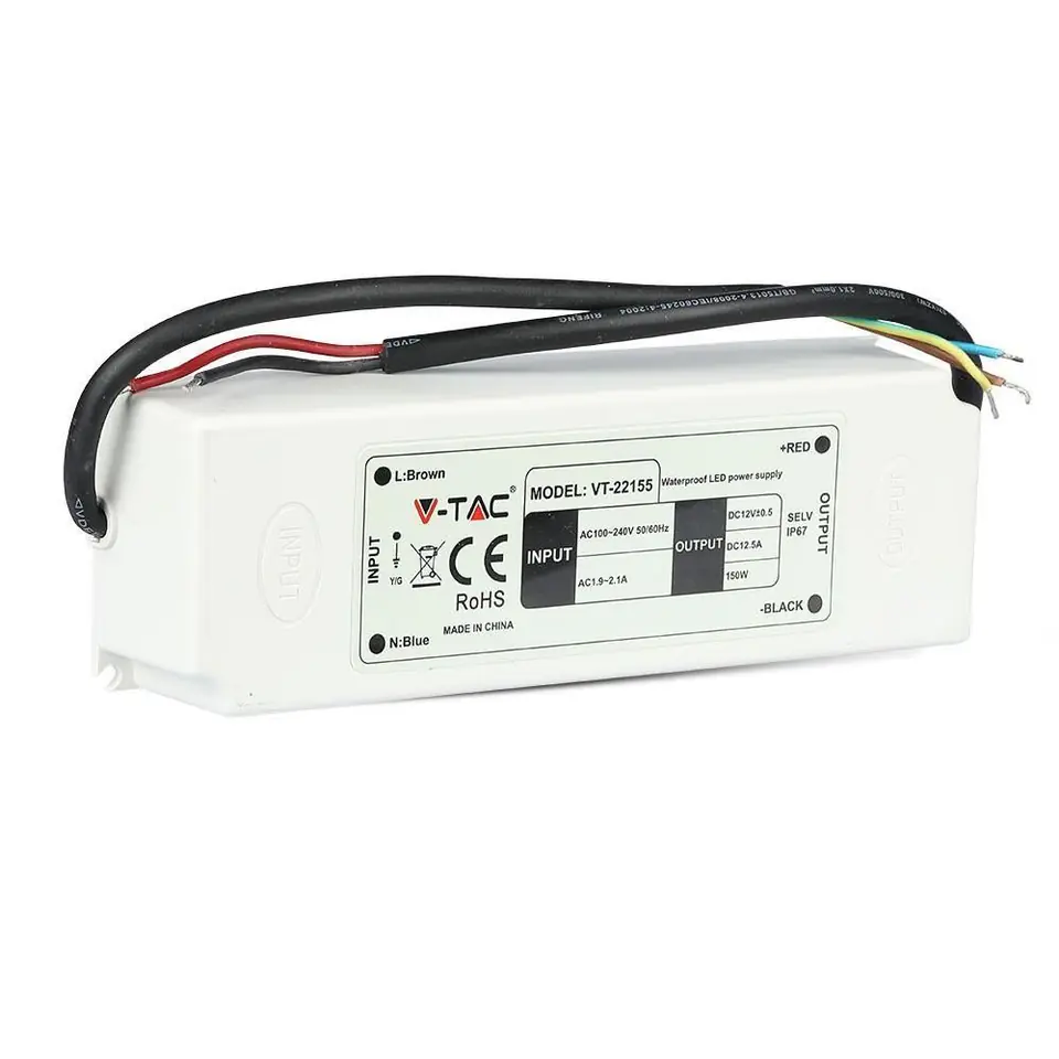 ⁨LED power supply V-TAC VT-22155 150W 12V 12.5A IP67 Filtr EMI (SKU 3250) White⁩ at Wasserman.eu