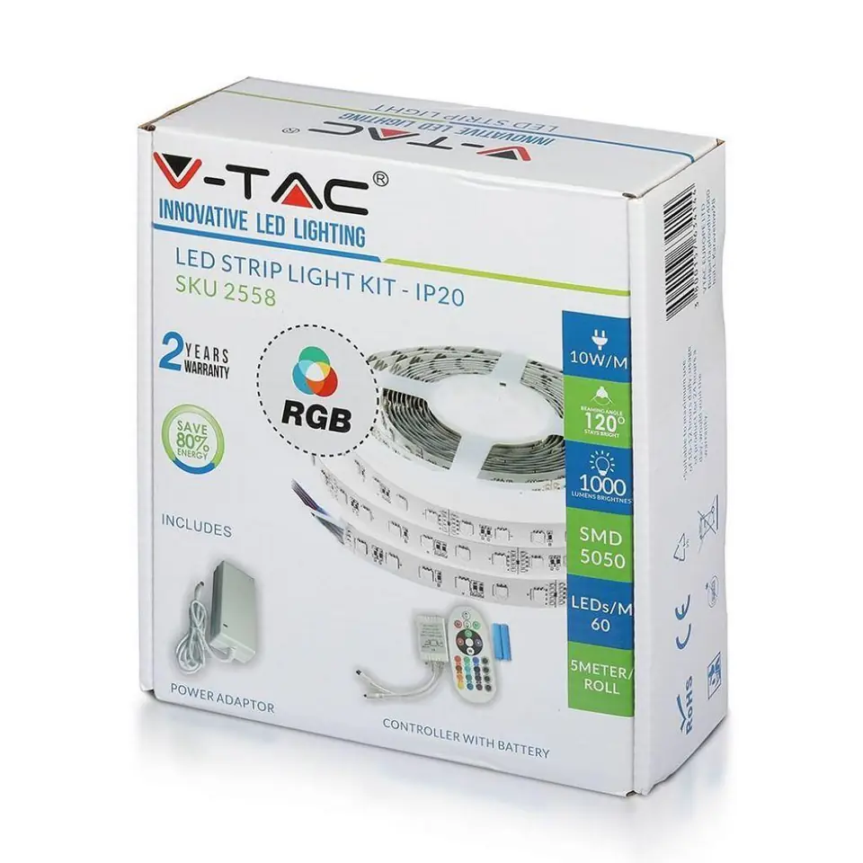 ⁨Taśma LED V-TAC Zestaw Taśma Zasilacz Pilot Sterownik VT-5050 60 IP20-RGB RGB 1000lm⁩ w sklepie Wasserman.eu